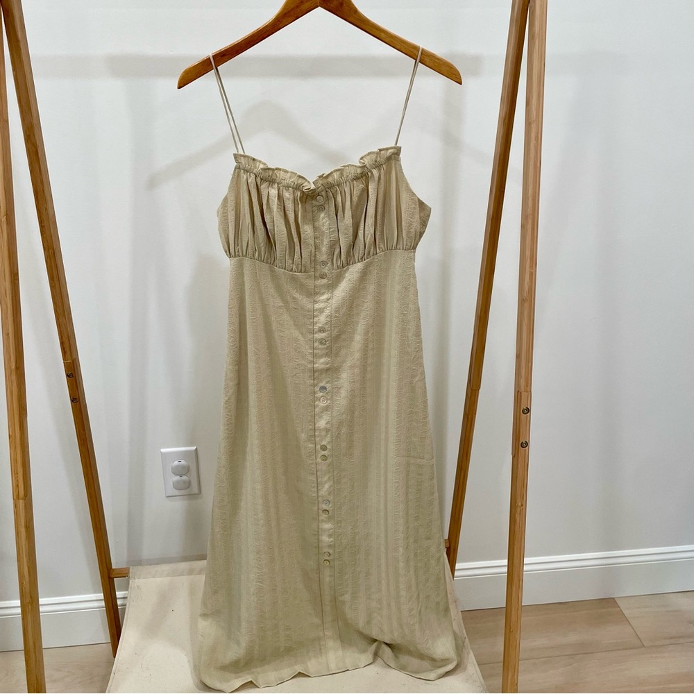 Oak + Fort Textured Ruffle Button Front Maxi Sun Dress in Beige - S